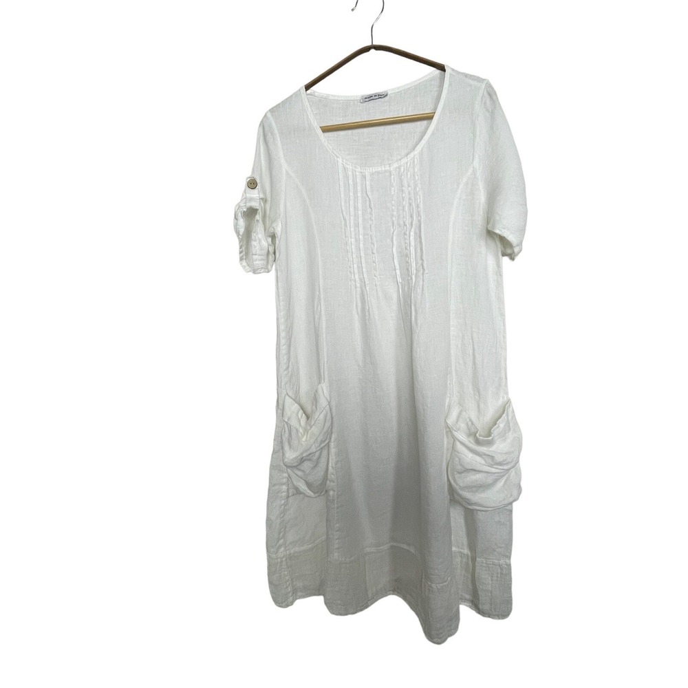 Made in Italy White‎ Dress Size Small Linen Lagenlook Boho Short Sleeves